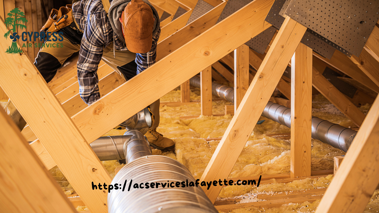 man running AC duct in attic